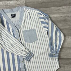 Vintage Denim Shirt Stripes Patchwork Costal Cowgirl Blue White Plus Size 3X